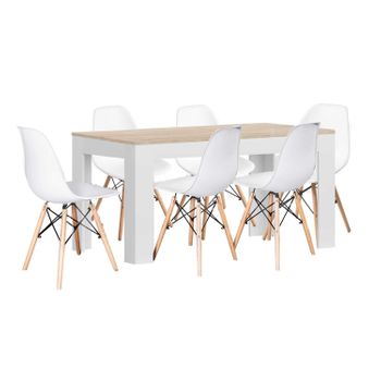 Mesa Extensible De Comedor O Cocina Blanco Y Cambria + 6 Sillas Estilo Nordico Blanco