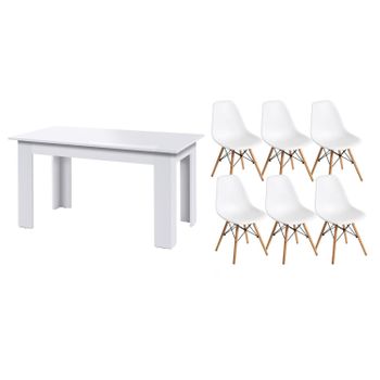 Pack Mesa De Comedor O Cocina Fija  Blanco + 6 Sillas Estilo Nordico Blanco