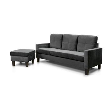 Sofa + Puff Convertible En Chaise Longue New Vika, Negro En Terciopelo 184x131 Cm