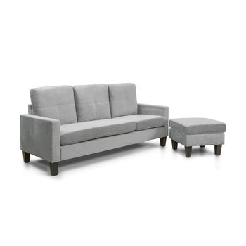 Sofa + Puff Convertible En Chaise Longue New Vika, Gris En Terciopelo 184x131 Cm