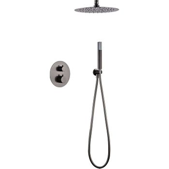 Conjunto De Ducha, Kit Termostatico Ducha Empotrado Techo - 2 Vías - Serie Tivoli Black Gun Metal - Gtt039/bgm Gris Oscuro Satinado  - Marca Mice / Imex