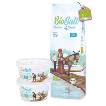 Perlas De Sal Marina Virgen Ecológica Fina 2x200 G Tarrinas + 650 G Bolsa. Biosalt. Sal Natural