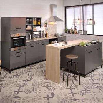 Cocina Completa Modular Smoke Con Isla Color Gris Y Roble 300cm