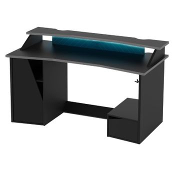 Miroytengo Escritorio Gaming Con Leds Venom Color Negro 160x93x76 Cm Melamina Con Armario, Cajón, Altillo Y Sujeta Cascos