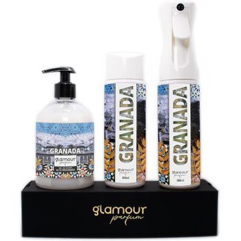 Ambientador De Hogar - Pack Granada - Glamour Parfum - Pack Ambientador Textil + Recambio 300 Ml + Jabón De Manos 500 Ml - Ambientador Hogar Granada - Aroma Floral Y Amaderado - Para Pulverizar En La Cama O En Cortinas