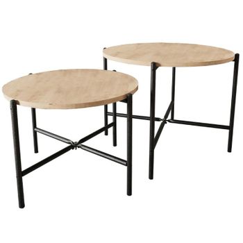 Rus Set De 2 Mesas De Centro Redondas 65/55cm Roble Safir Y Negro, Base De Melamina Y Estructura De Metal, Mesas De Comedor Estilo Industrial