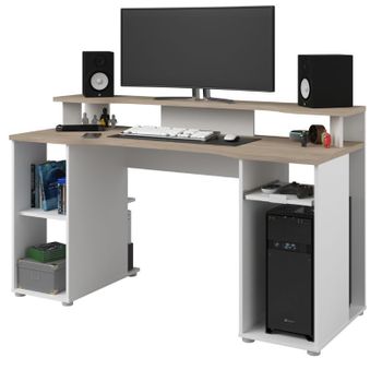 Miroytengo Mesa Escritorio Gaming Leiti Con Estante Extraíble Estilo Nórdico Color Blanco Y Roble 150 Cm