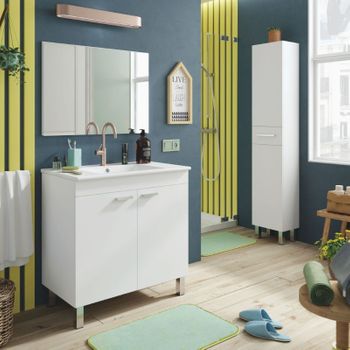 Miroytengo Conjunto Muebles De Baño Atenea Con Lavabo Y Columna Para Aseo Color Blanco Brillo