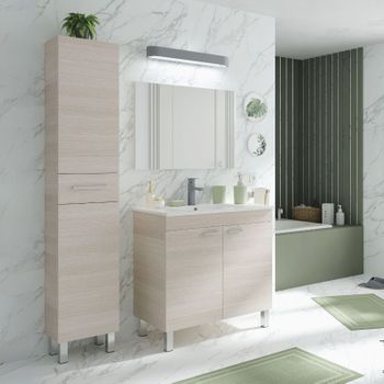 Miroytengo Pack Muebles Para Baño Atenea Lavabo Con Lavamanos Cerámico Y Columna De 2 Puertas Color Roble