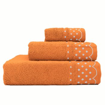 Juego Toallas Baño, 100% Algodón, Rizo 450gr, Set 3 Piezas Ducha Manos Tocador, Lunares Naranja  Briebe Polka Dots