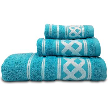 Juego Toallas Baño, 100% Algodón, Rizo 450gr, Set 3 Piezas Ducha Manos Tocador, Rombos Azul Vivo  Briebe Amazonica Basic