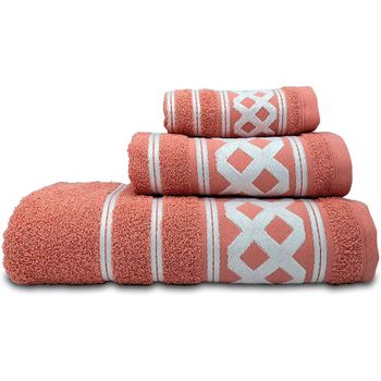 Juego Toallas Baño, 100% Algodón, Rizo 450gr, Set 3 Piezas Ducha Manos Tocador, Rombos Coral  Briebe Amazonica Basic