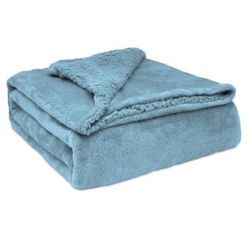 Manta Sofá Invierno Sedalina Lisa Y Borreguito Polar Sherpa 130x160 Cm Calentita Gruesa Suave Azul Petróleo  Briebe -