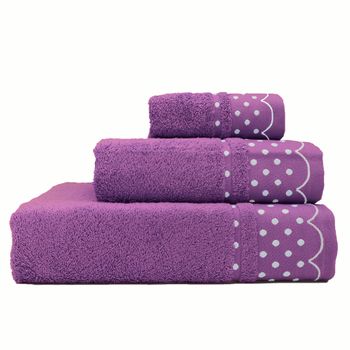 Juego Toallas Baño, 100% Algodón, Rizo 450gr, Set 3 Piezas Ducha Manos Tocador, Lunares Morado  Briebe Polka Dots