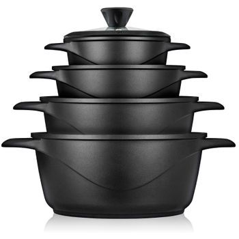 Batería De Cocina Inducción 8 Piezas Aluminio Fundido 4 Ollas Con Tapa De Cristal Antiadherente Negro  Briebe Mgk12s