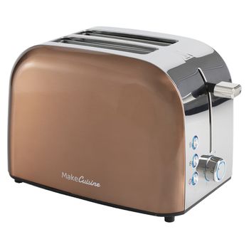 Makecuisine Tostador De Diseño Loft, Inspire Collection - 2 Ranuras Para 2 Rebanadas - Función Cancelar, Descongelar Y Recalentar - Soporte Calientapanecillos Y Bolsa De Tostar De Regalo - Acero Inoxidable - Color Copper Tech- Potencia 900w