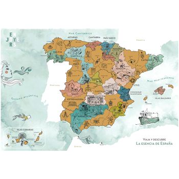 Enjoyers - Mapa España Para Rascar. Mapa Rascable La Esencia De España Ilustrado A Mano. Laminas Decorativas Pared 65x45 Cm. Lamina Viajes Regalo Para Viajeros. Sin Marco