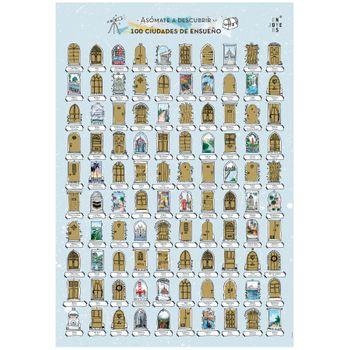 Enjoyers - Lamina Rascable 100 Ciudades De Ensueño. Lamina Para Rascar Decorativa 65x45 Cm. Laminas Decorativas Pared. Mapa Poster Ilustrado A Mano. Lamina Viajes Regalo. Sin Marco