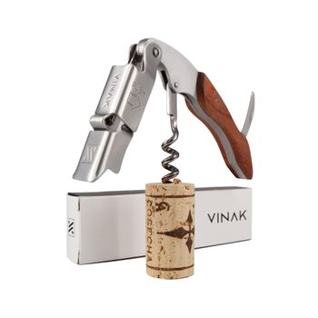 Vinak - Sacacorchos Camarero Profesional Xpert Wood En Acero Inoxidable Y Madera Con Doble Apoyo Articulado, Abrebotellas, Navaja Cortacápsulas Y Espiral Profesional Groove.