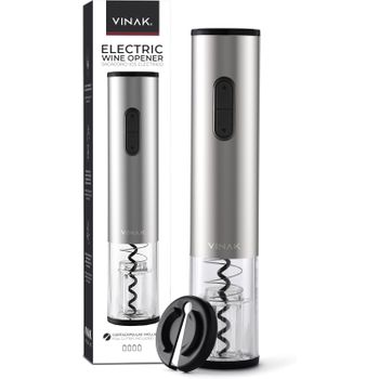 Vinak Sacacorchos Eléctrico A Pilas En Acero Inoxidable Con Cortacápsulas Y Espiral Teflonada. Abridor Eléctrico Moderno. Abrebotellas Sin Esfuerzo.