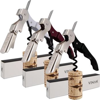 Vinak Pack De 3 Sacacorchos Camarero Profesionales Eco En Acero Inoxidable Con Abrebotellas, Doble Apoyo Articulado, Navaja Y Espiral Teflonada.