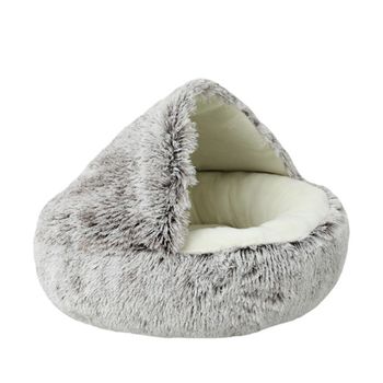 Cama De Felpa Gris Con Forma De Cueva Para Gatos. | Oferta Exclusiva