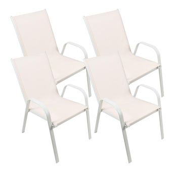 Set De 4 Sillas De Jardín Apilables - Asiento En Metal Y Tela Para Exteriores - Ideal Para Jardín, Balcón O Terraza - Blanco/blanco