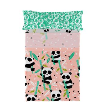 Juego De Sábanas 2 Piezas 100% Algodón Panda Garden 160x270 Cm (cama 80/90) Rosa