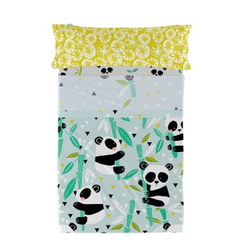 Juego De Sábanas 2 Piezas 100% Algodón Panda Garden Blue 160x270 Cm (cama 80/90) Azul