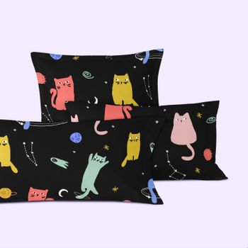 Funda De Almohada 100% Poliéster Cosmic Cats 45x110 Cm (x2) (cama 180/200) Multicolor