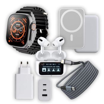 Smartwatch Ultra 8 Premium Negro + Cargador Universal 65w 1usb - 2type C Rapido + Auriculares Bluetooth Inalambrico Anc Cancelacion Ruido + Magsafe 5.000 Mah+ Cable Tipo C - Lightning 2 Metros Kit Essential Pack Compatible Con Iphone Ios