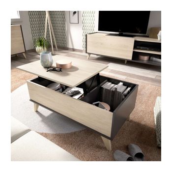 Mesa centro elevable madera con 4 huecos de almacenaje, negro y blanco  FIORA