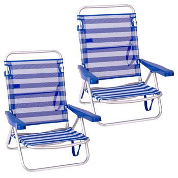 Pack De 2 Sillas De Playa Cama De 4 Posiciones Azul Marino De Aluminio Y Textileno