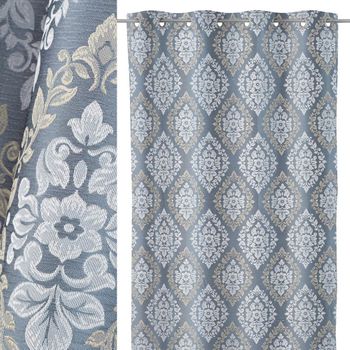 Cortina Floral Con Ollados Azul Clásica Jacquard De Poliéster De 260x135 Cm