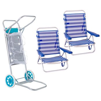 Pack 2 Sillas De Playa Asiento Bajo Reclinables 4 Posiciones Azul Y Blanco De Aluminio Y Textileno Y 1 Carro Portasillas Nuevo Y Mejorado