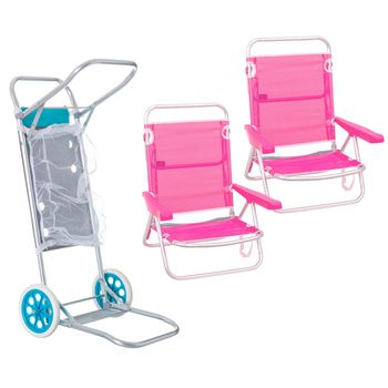 Pack 2 Sillas De Playa Asiento Bajo Reclinables 4 Posiciones Rosa De Aluminio Y Textileno Y 1 Carro Portasillas Nuevo Y Mejorado