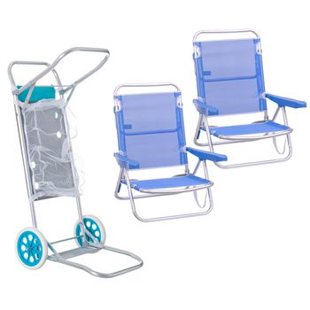 Pack 2 Sillas De Playa Asiento Bajo Reclinables 4 Posiciones Azul De Aluminio Y Textileno Y 1 Carro Portasillas Nuevo Y Mejorado