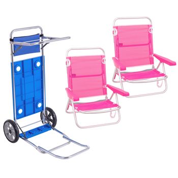 Pack 2 Sillas De Playa Asiento Bajo Reclinables 4 Posiciones Rosa De Aluminio Y Textileno Y 1 Carro Portasillas De Doble Despliegue