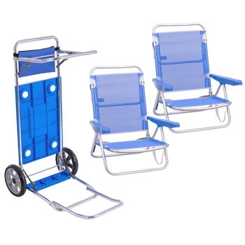 Pack 2 Sillas De Playa Asiento Bajo Reclinables 4 Posiciones Azul De Aluminio Y Textileno Y 1 Carro Portasillas De Doble Despliegue