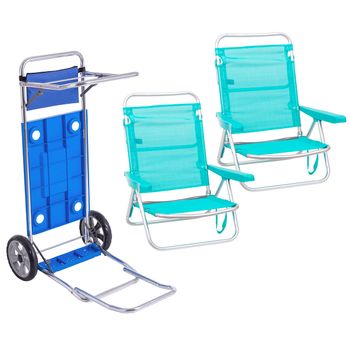 Pack 2 Sillas De Playa Asiento Bajo Reclinables 4 Posiciones Verde Aguamarina De Aluminio Y Textileno Y 1 Carro Portasillas De Doble Despliegue