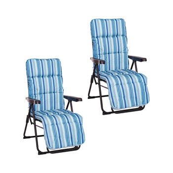 Pack De 2 Sillones De Playa Acolchados De 4 Posiciones Con Reposapiã©s De Acero Y Tela De Lona Oxford De Rayas Azul De 61x58x106 Cm