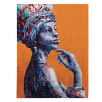 Cuadro Pintura Africano Pintado A Mano De Lienzo Y Poliestireno Naranja De 75x100 Cm