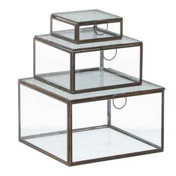 Caja Multiusos 3 Piezas Cristal Dorado Metal 20 X 20 X 12 Cm (3 Unidades)