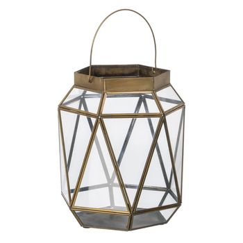 Farol 23 X 23 X 27 Cm Portavelas Cristal Dorado Metal