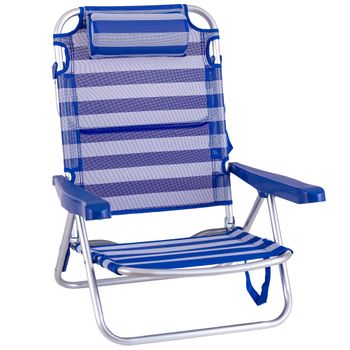 Silla Playa Con Cojín De 4 Posiciones Azul Y Blanco De Aluminio Y Textileno De 61x47x80 Cm