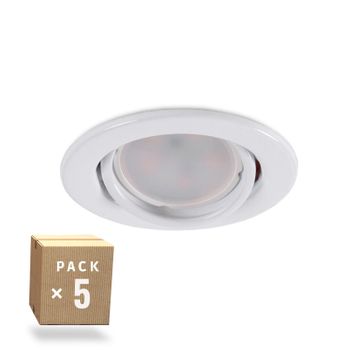 Pack De 5 Bombillas Led Gu10 6w 500lm 6000ºk 40.000h - Aro Downlight Redondo Inclinable "vepa" Acero 90mm - Blanco