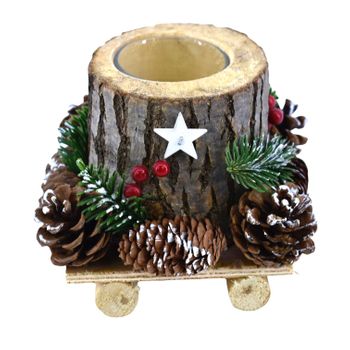 Portavelas Decorativo Navidad Tronco Con Muerdago 17x17x13 Cm