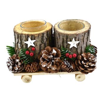 Portavelas Decorativo Navidad Tronco Con Muerdago Doble 25x17x13 Cm