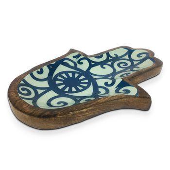 Bandeja Vaciabolsillos Mano De Fátima Decoracion Madera 30x20x3,5cm Azul