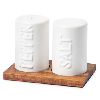 Set De Salero Y Pimentero, 12x8x8.5 Cm, Cerámica Y Madera, Blanco